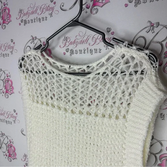 Dress knitted crochet cream white stretchy sweater open sides flowy warm cozy - Picture 2 of 4